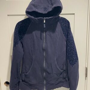 Lululemon Women’s Full Zip Navy Hooded Sweatshirt with Velvet Floral Sleeves